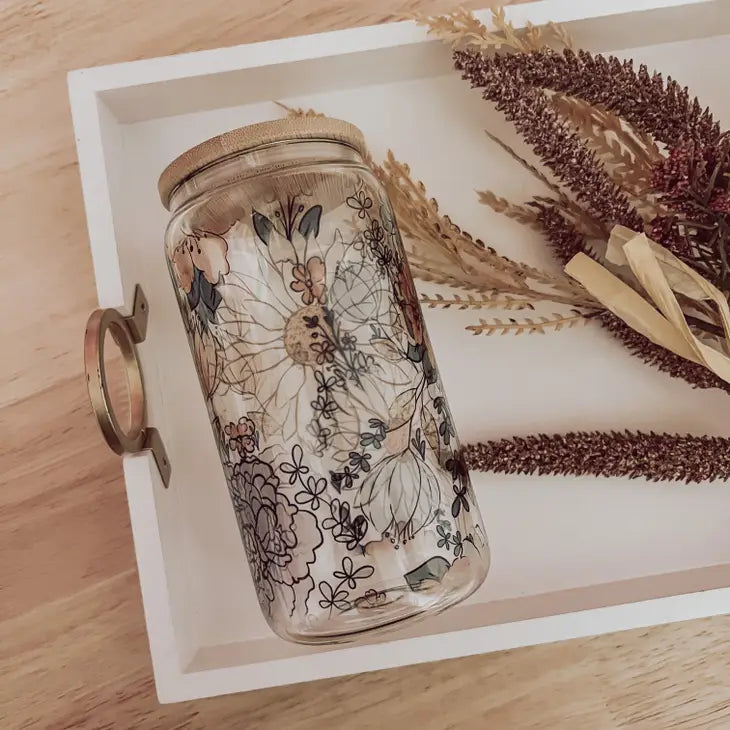 Orange Floral Glass Can