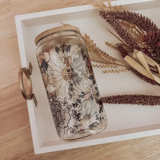 Orange Floral Glass Can