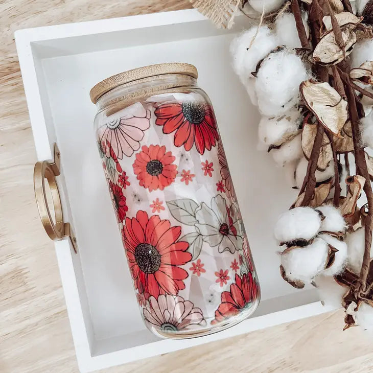 Red Floral Glass Can