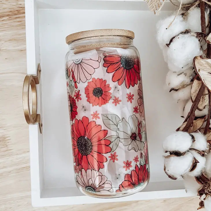 Red Floral Glass Can