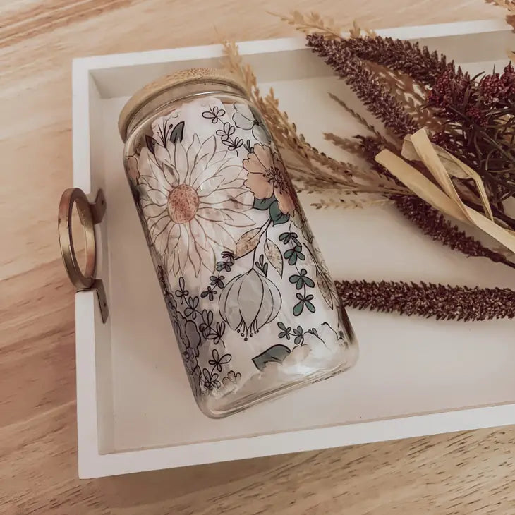 Orange Floral Glass Can