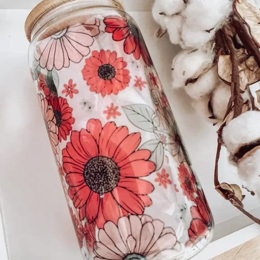 Red Floral Glass Can